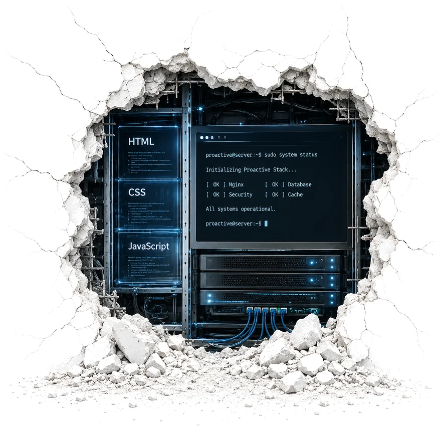 The website's backend exposed through a smashed wall: server racks, HTML/CSS/JavaScript panels and a live Linux terminal