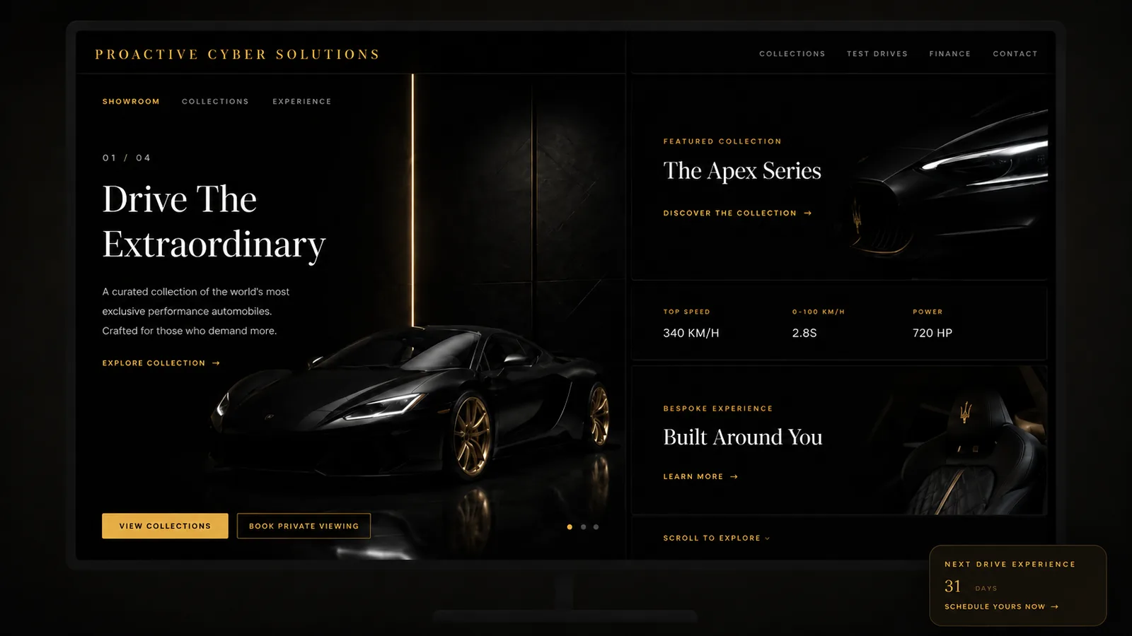 Dark luxury automotive website design concept with cinematic styling