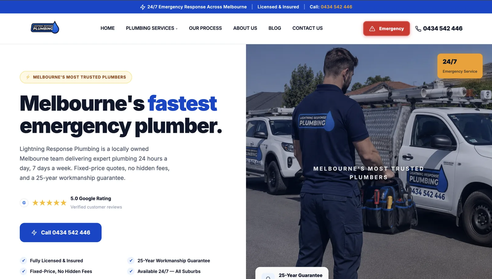 Lightning Response Plumbing website homepage — Melbourne emergency plumber site built by Proactive Cyber Solutions