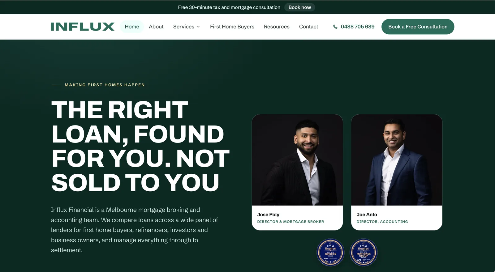 Influx Financial homepage — Melbourne mortgage broking and accounting site, technical SEO rebuild by Proactive Cyber Solutions
