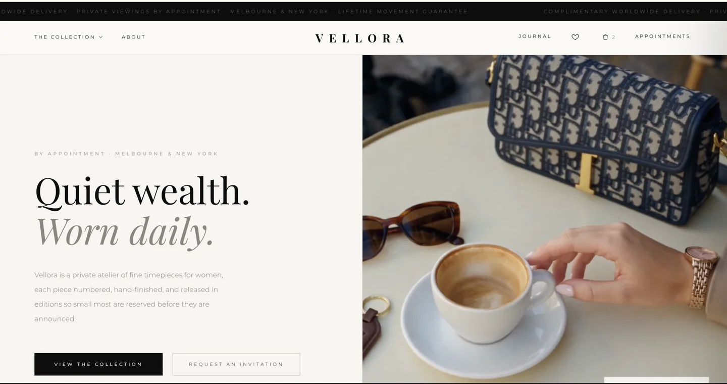 Vellora — a private atelier of fine timepieces for women; custom Shopify storefront designed and built by Proactive Cyber Solutions